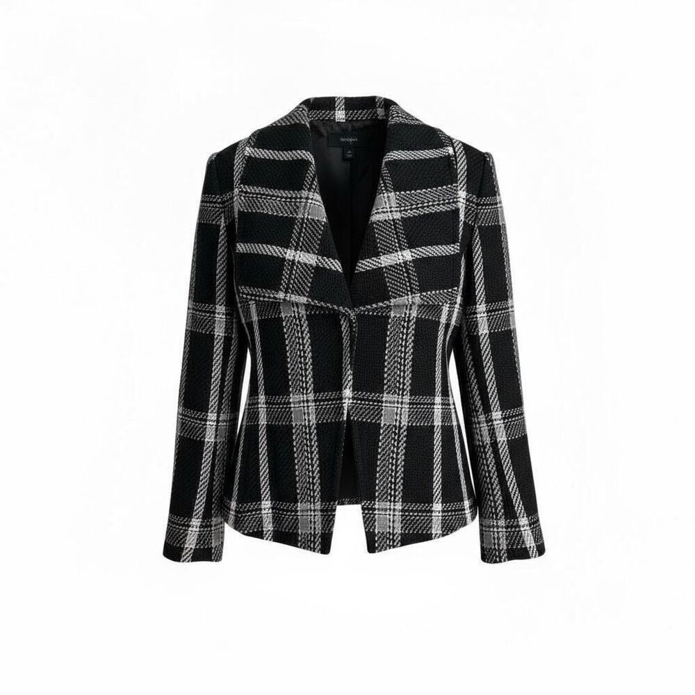Coldwater Creek Plaid Wool Blend Snap Front Blazer Jacket Black White Size 14